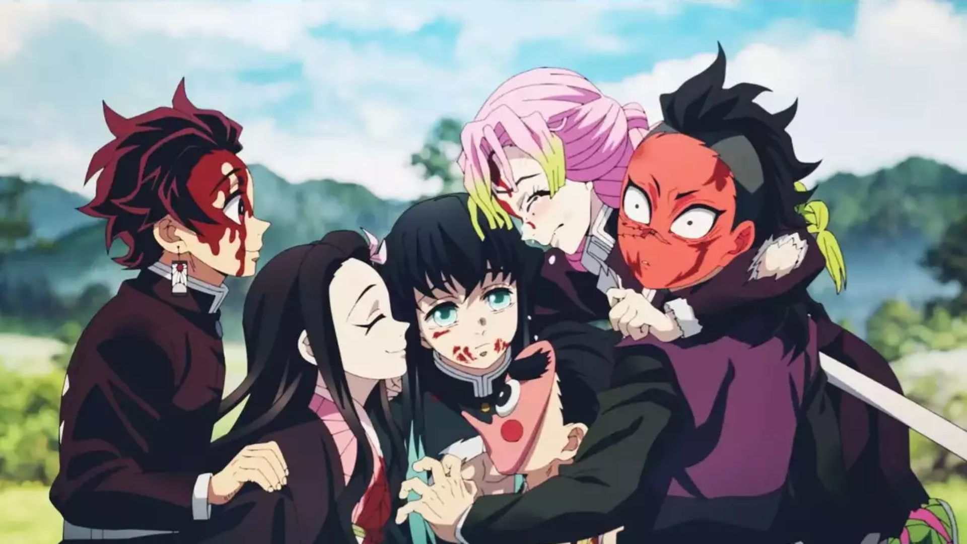 Hashiras and Demon Slayers huddle together in Demon Slayer season 4