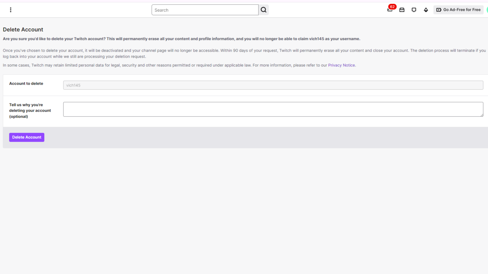 The Twitch delete account form to fill in