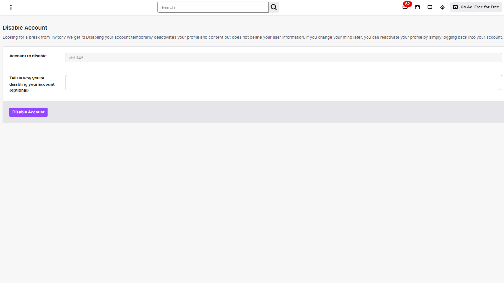 Twitch's disable account form