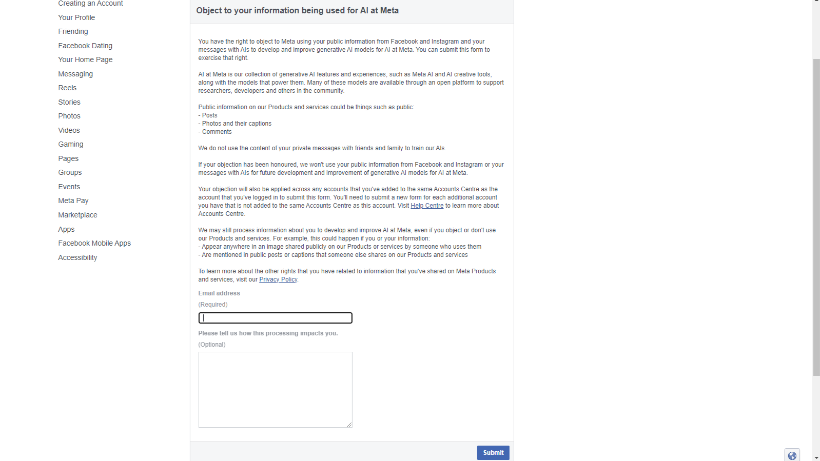 The Object to your information being used for AI at Meta page, with a section for email address and reason for objection