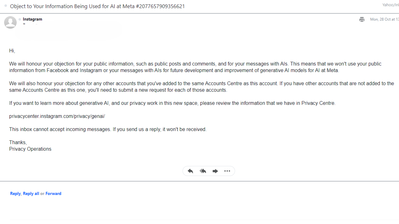 An email confirming Meta AI will honor the objection for Instagram