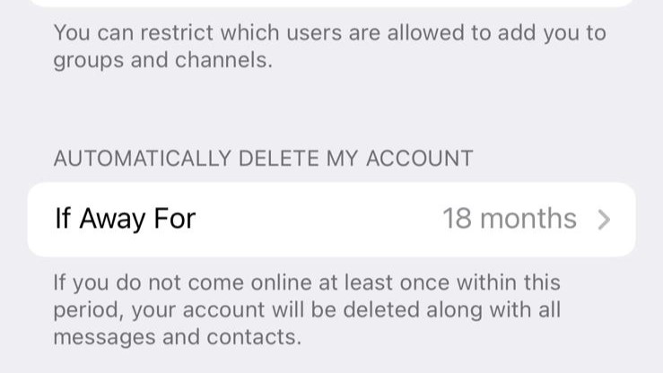 The automatically delete my account setting on a mobile screen