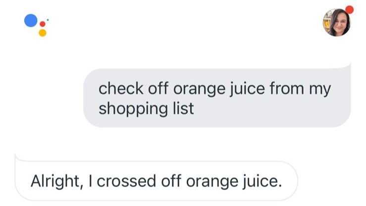 Google Assistant conversation with user asking for orange juice to be checked off their shopping list