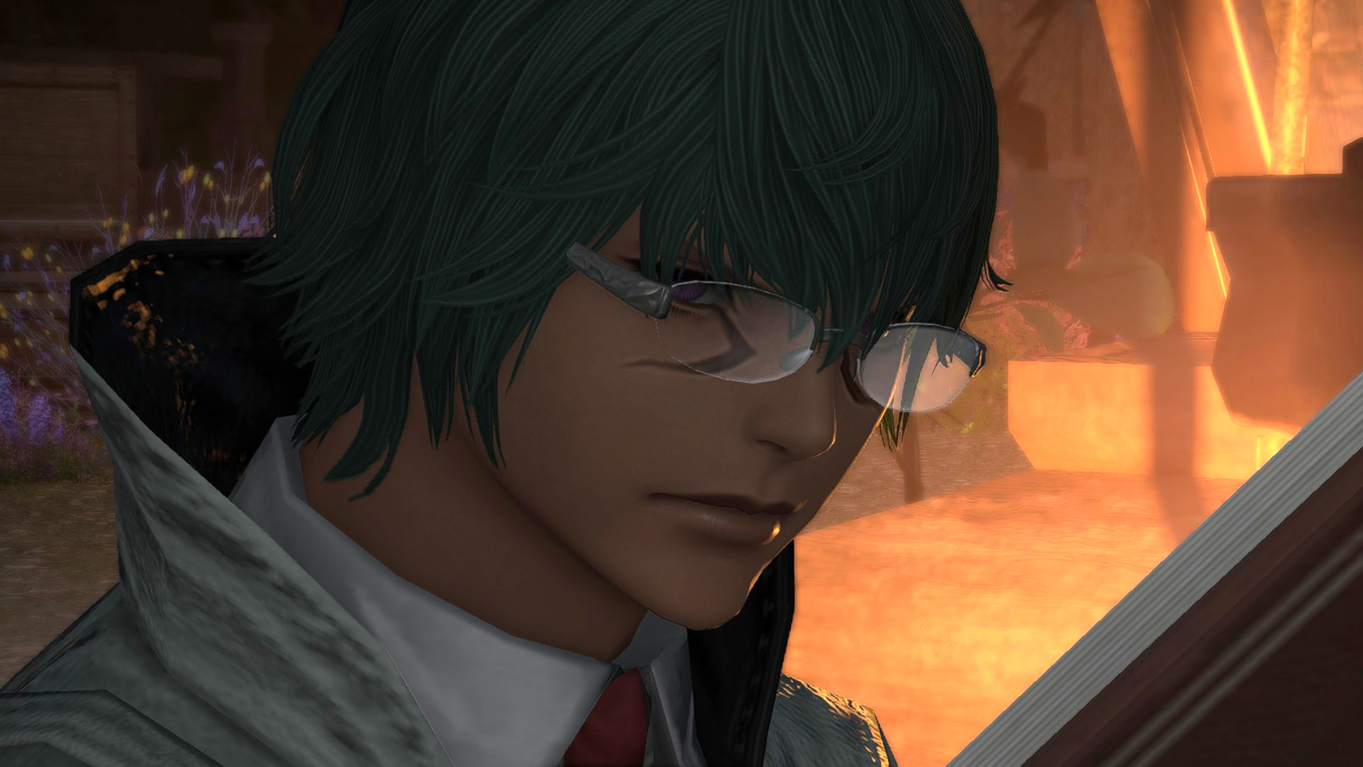 Koana, a main character in Final Fantasy 14: Dawntrail, stares thoughtfully at a book in his hands.