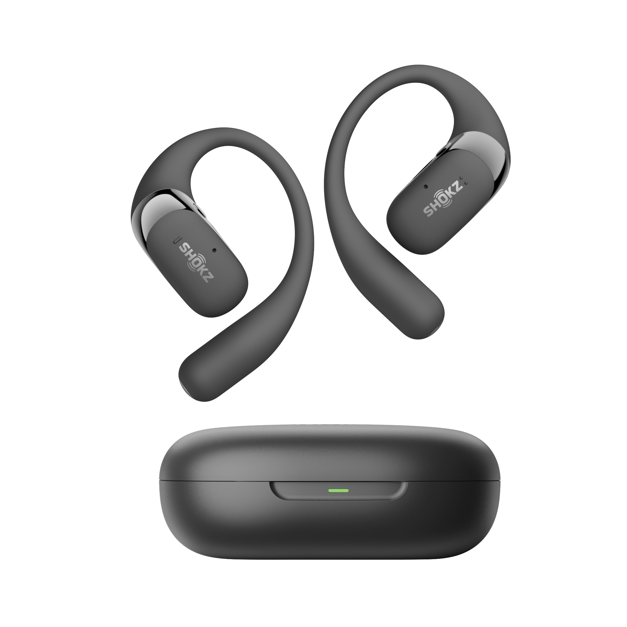 Render of the Shokz OpenFit 2 wireless earbuds and case