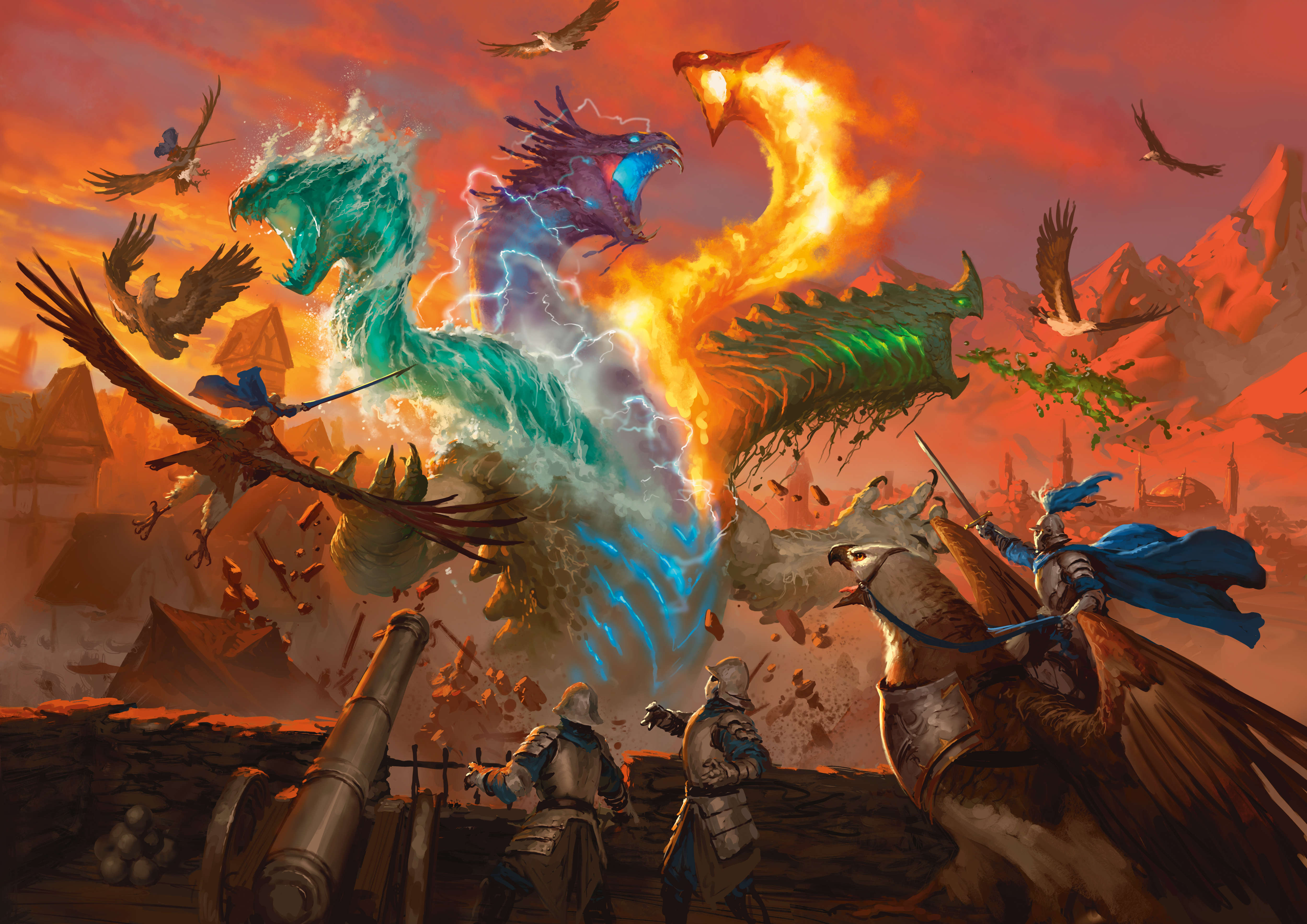 An elemental cataclysm rages against an army of flying assailants in D&D's Monster Manual 2024.