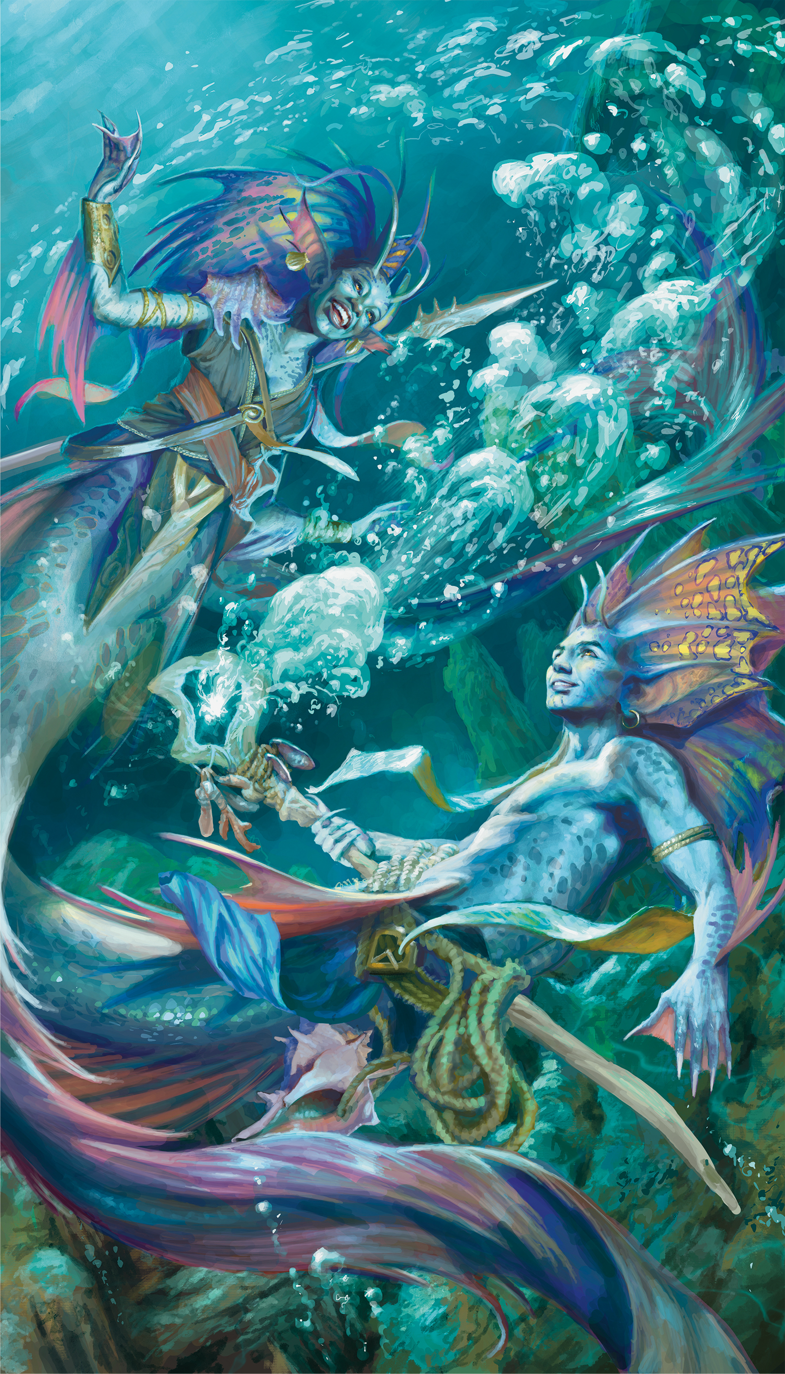 Two merfolk twist around each other in a vibrant blue ocean in the 2024 Monster Manual.