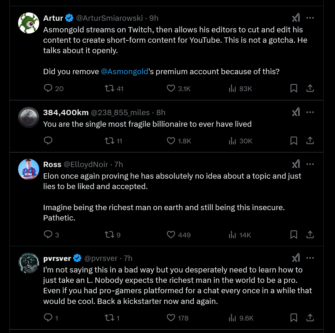 Tweets replying to Elon Musk tweeting about Asmongold on Twitter