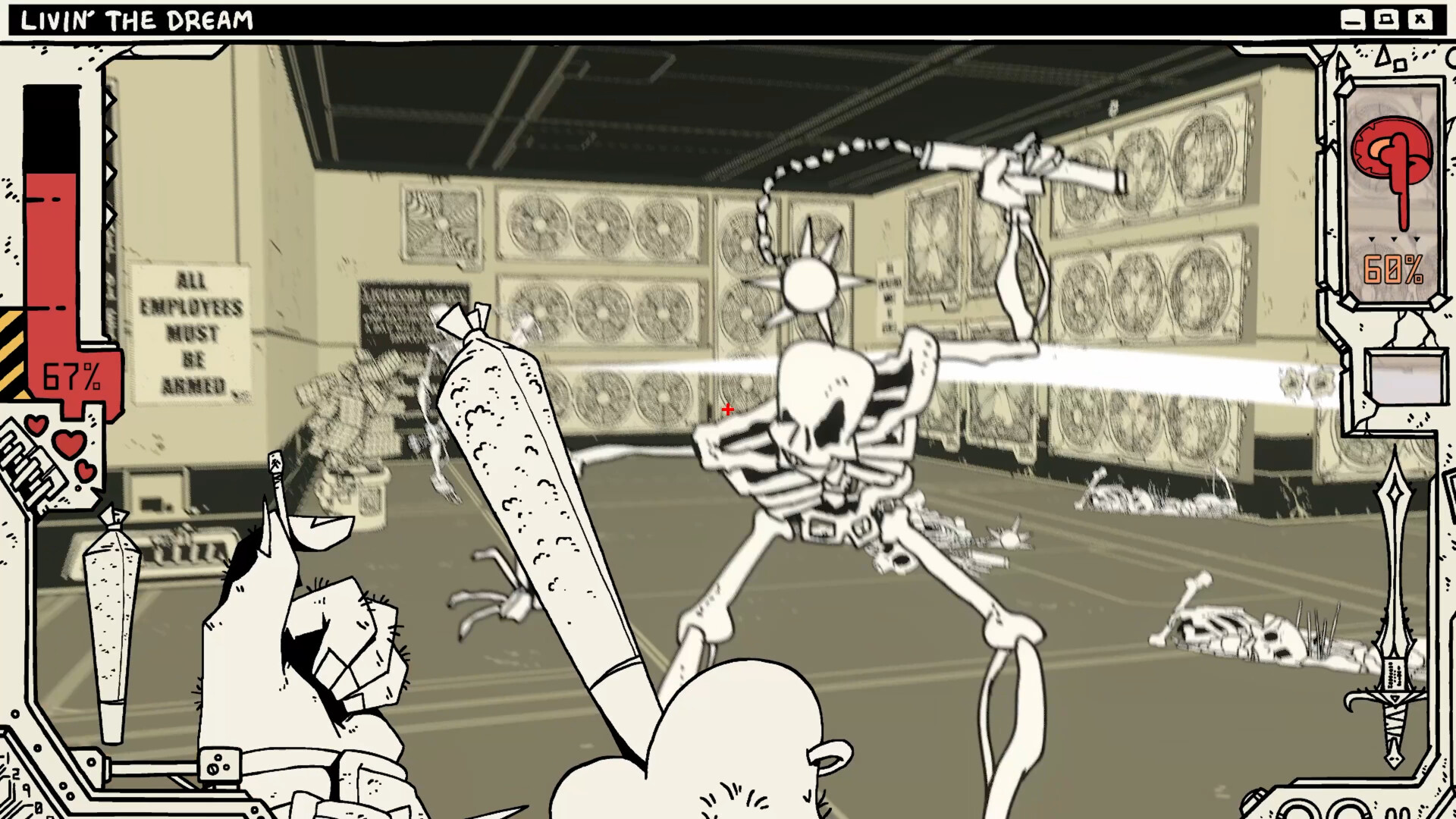 Cyberlich gameplay showing skeleton attacking player character while skeleton swings a giant mace