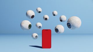 3D illustration of a mobile phone surrounded by eyeballs