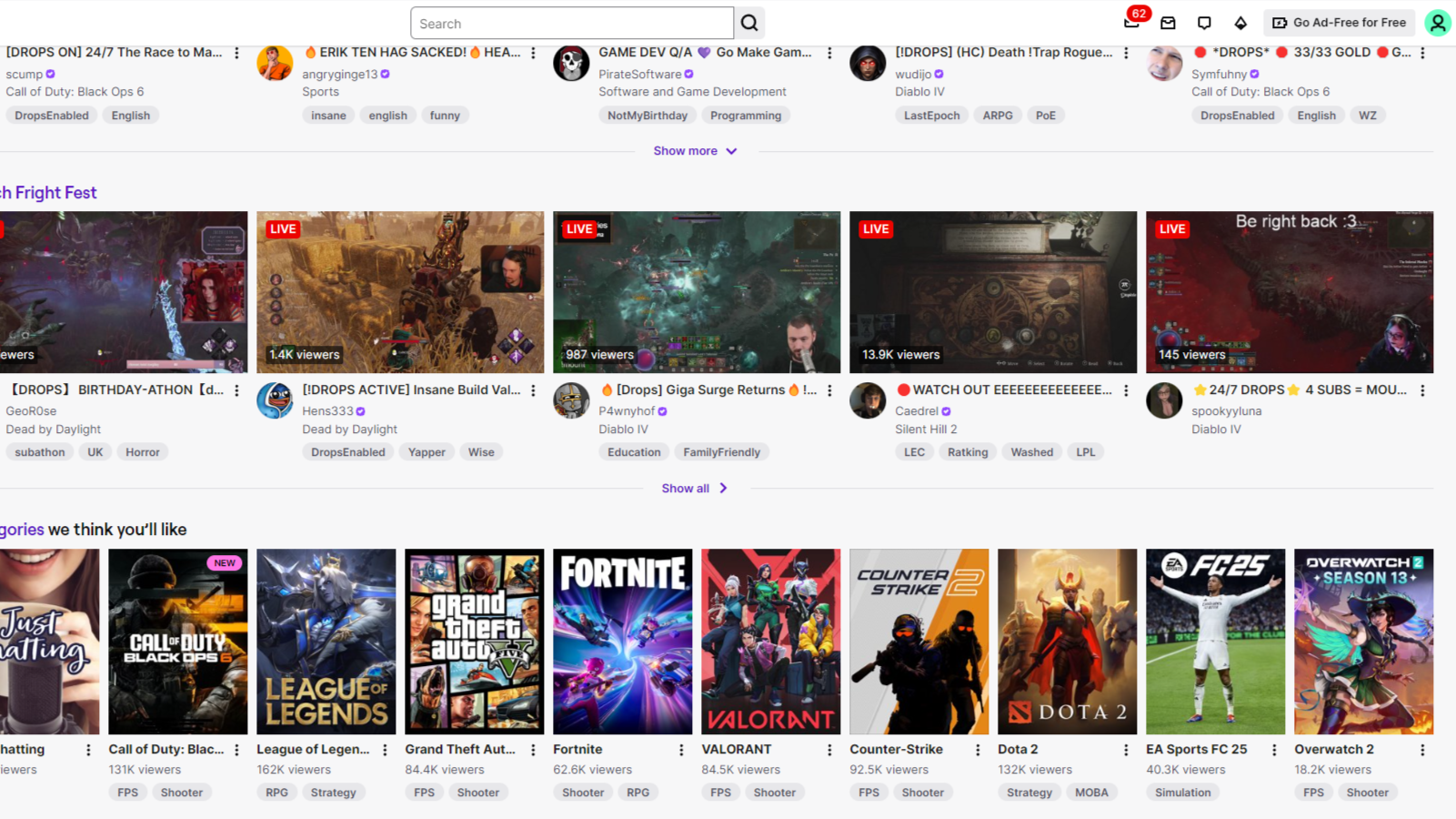 The Twitch home screen with several stream listings