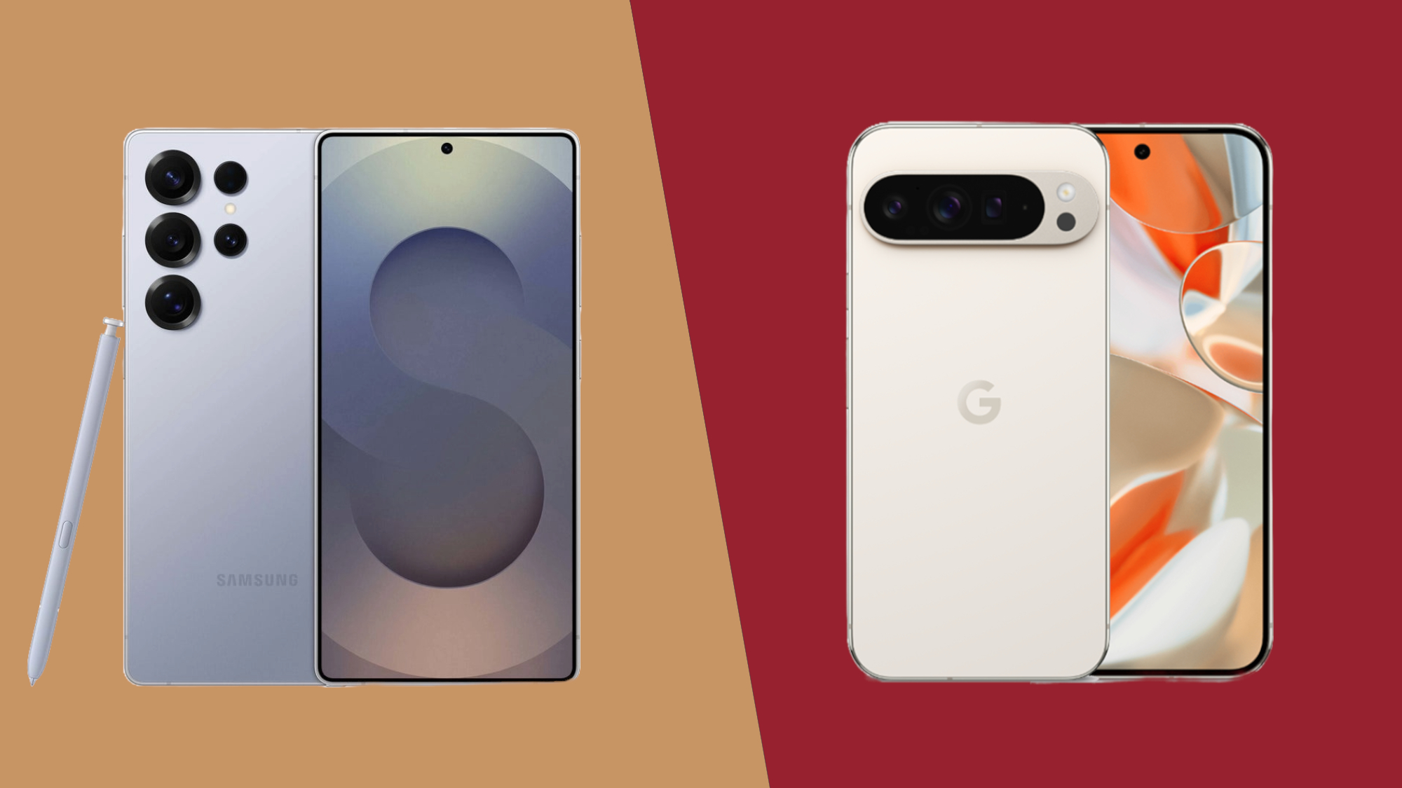 The Samsung Galaxy S25 Ultra and Google Pixel 9 Pro on a colored background