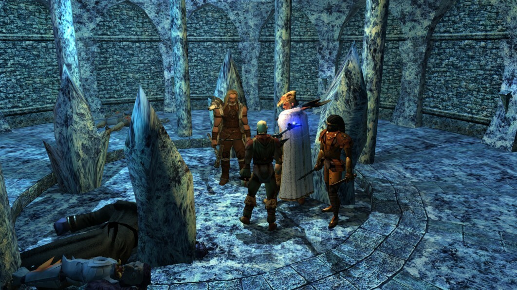 Adventuring party meeting with a shaman in a light blue dungeon interior