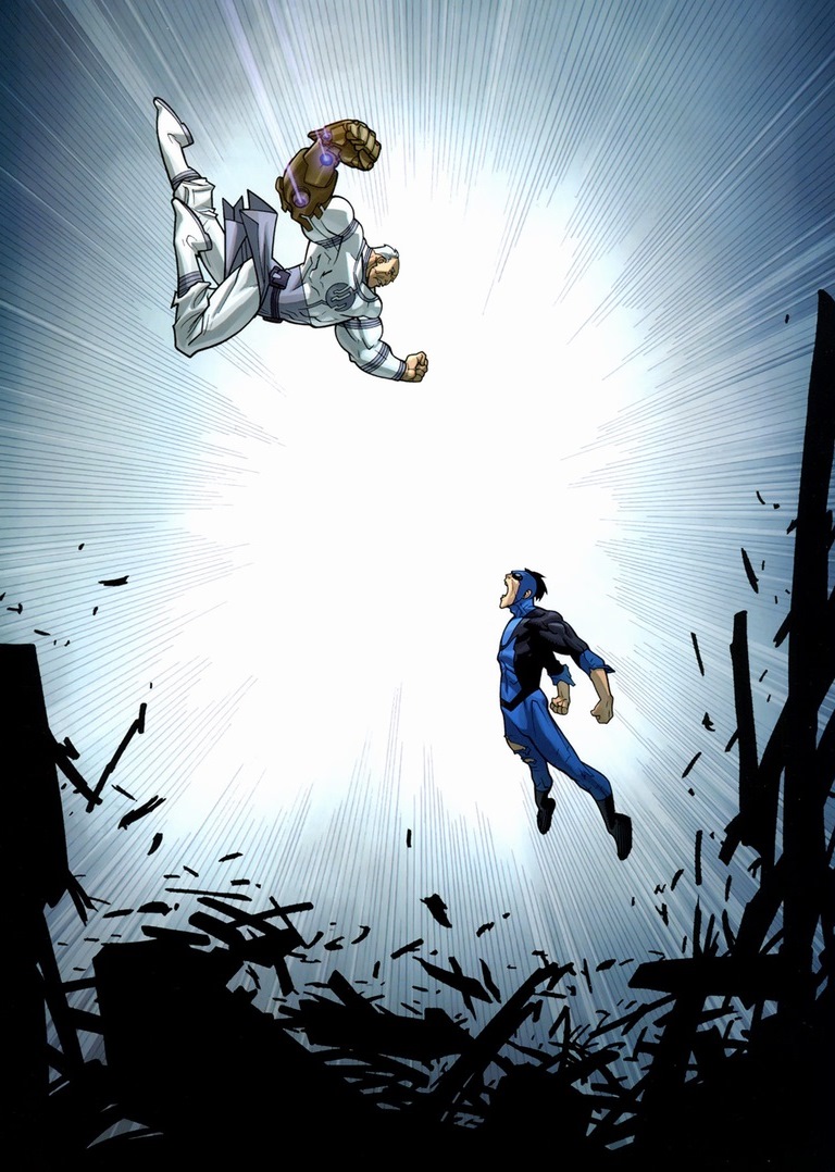 A screenshot of the page showing Conquest and Mark Grayson flying at each other to fight in Invincible's graphic novel series