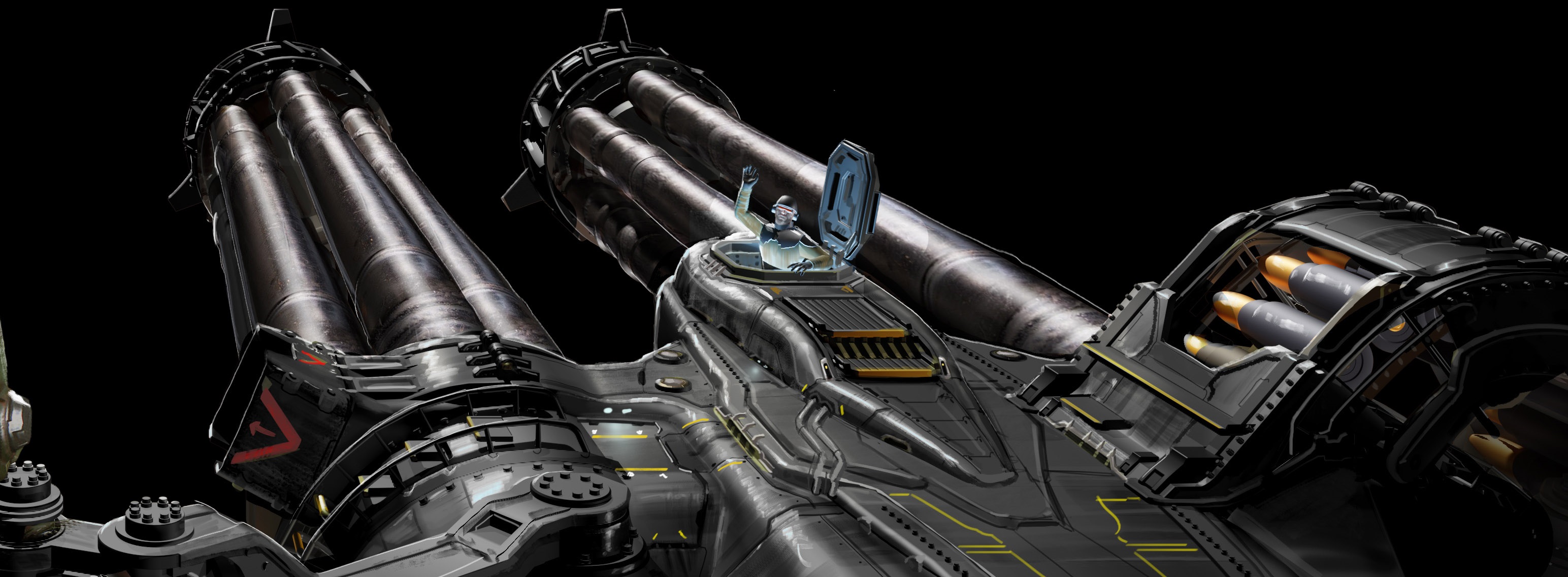 zoom in from the previous image, showing the little technician popping out of the gun in greater detail.