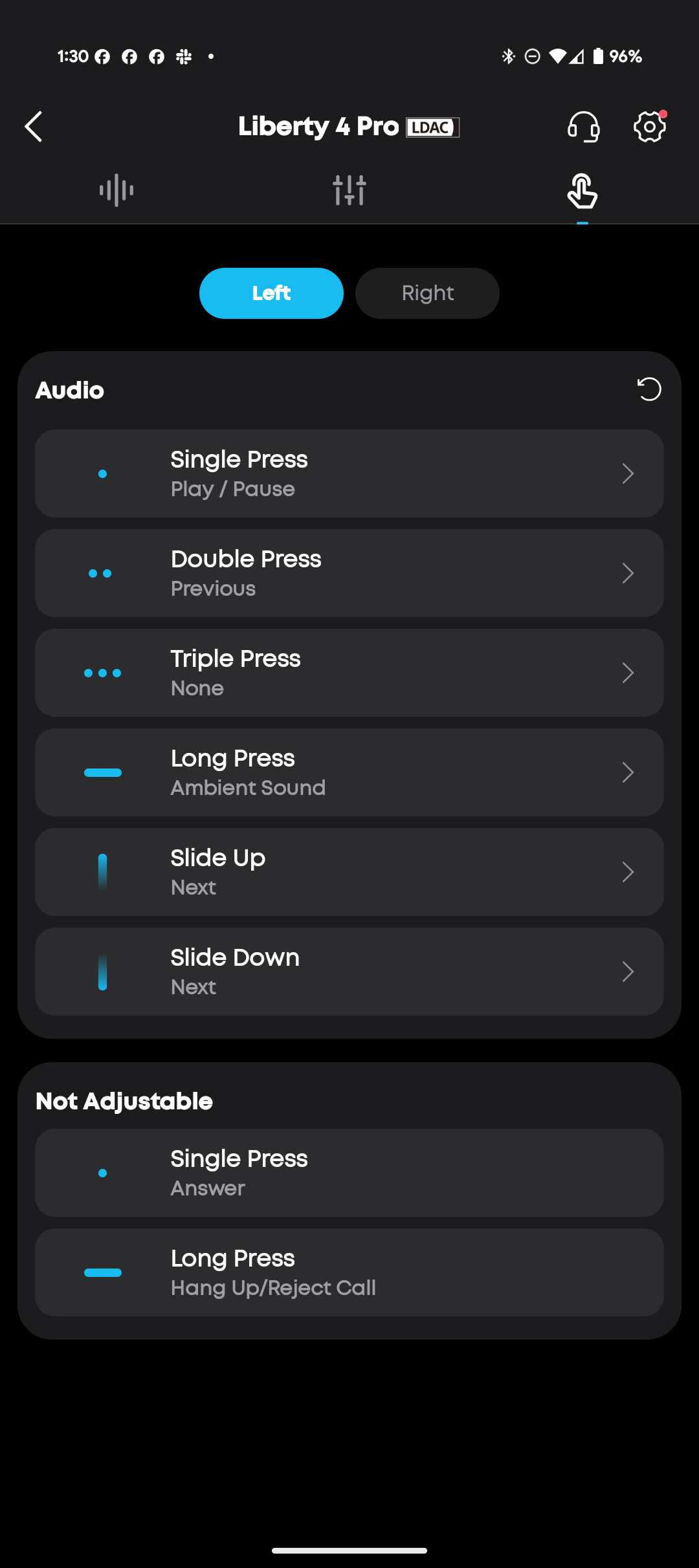 Anker Soundcore app showing various settings for the Liberty 4 Pro