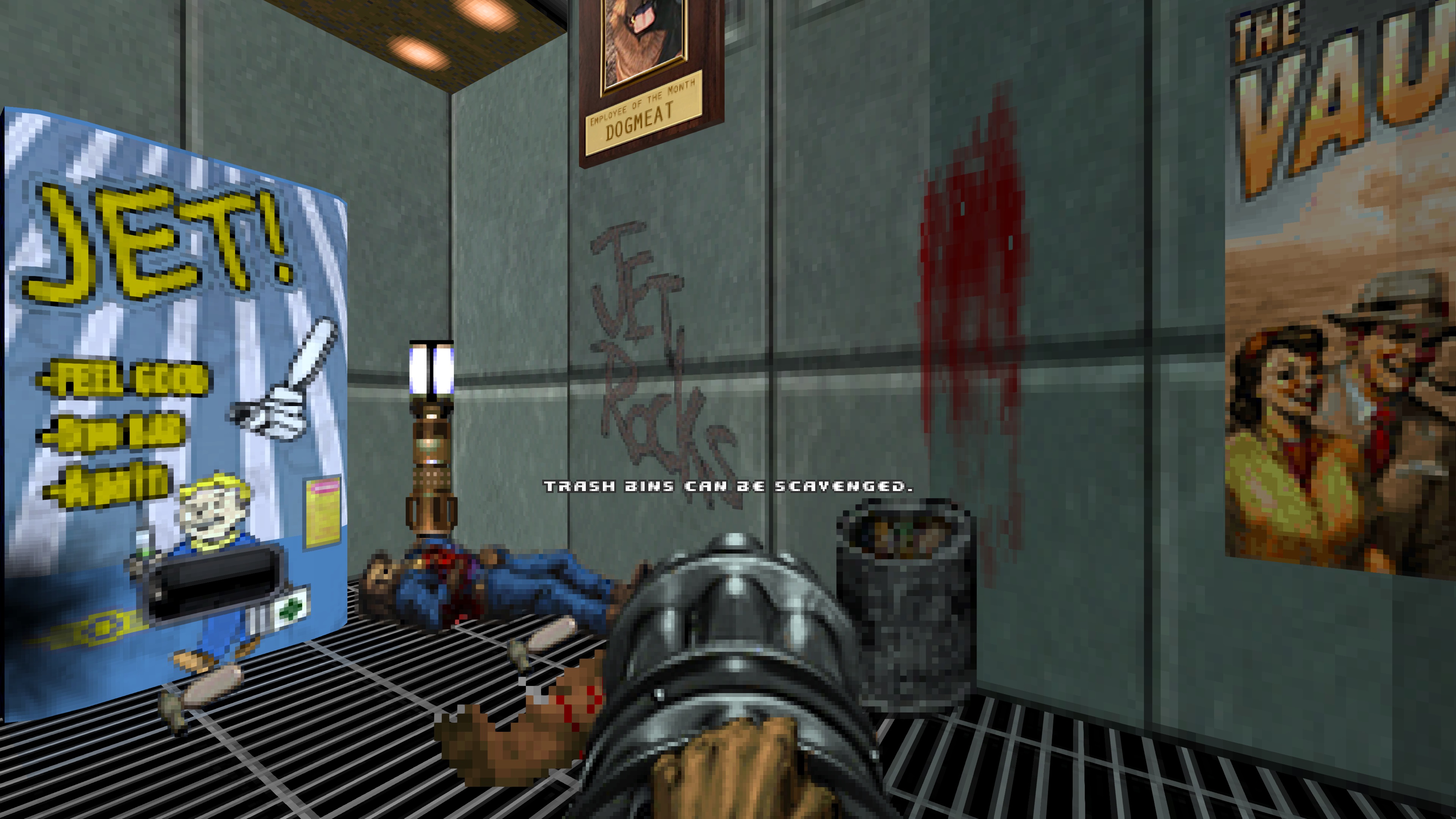 Doom Fallout mod screenshot showing vending machine and graffiti advertising jet