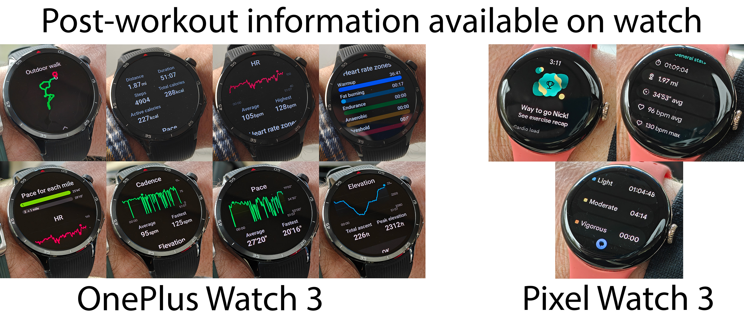 Comparing workout data available on the OnePlus Watch 3 versus the Google Pixel Watch 3 after a workout