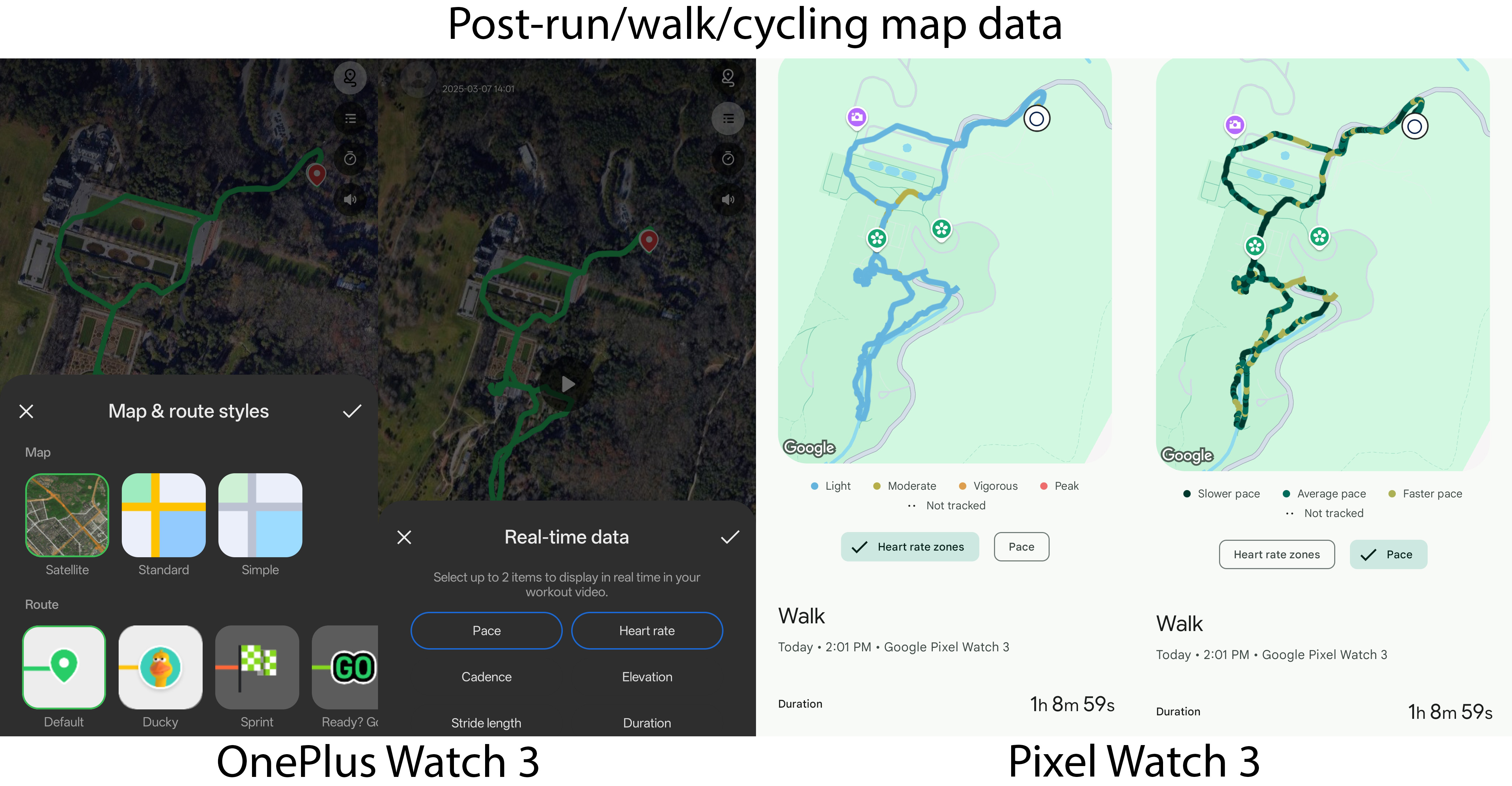 Comparing map data generated from walks, runs, and cycling by a OnePlus Watch 3 and a Google Pixel Watch 3