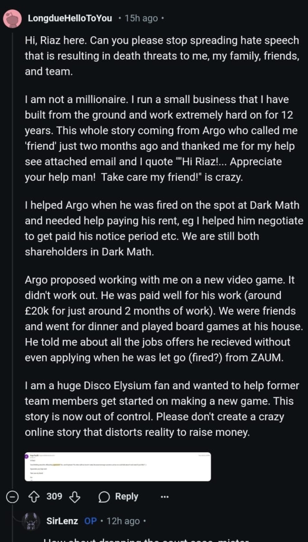Reddit post by user LongdueHelloToYou, identifying the speaker as Riaz Moola, calling a fundraising post by former Disco writer Argo Tuulik "hate speech," and providing details of Tuulik and Moola's business dealings, along with a screenshot of an email from Tuulik to Moola