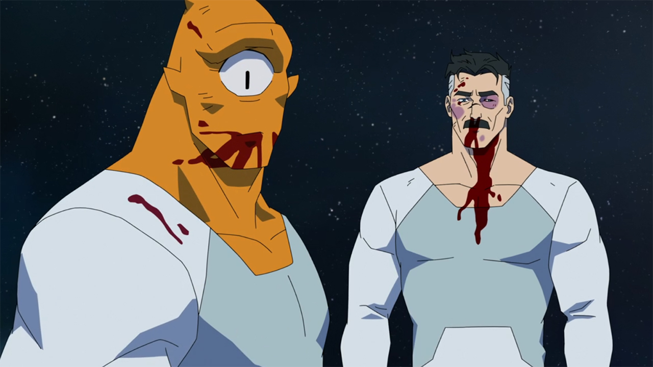 A bloodied Allen and Omni-Man floating in space in Invincible season 3 episode 4