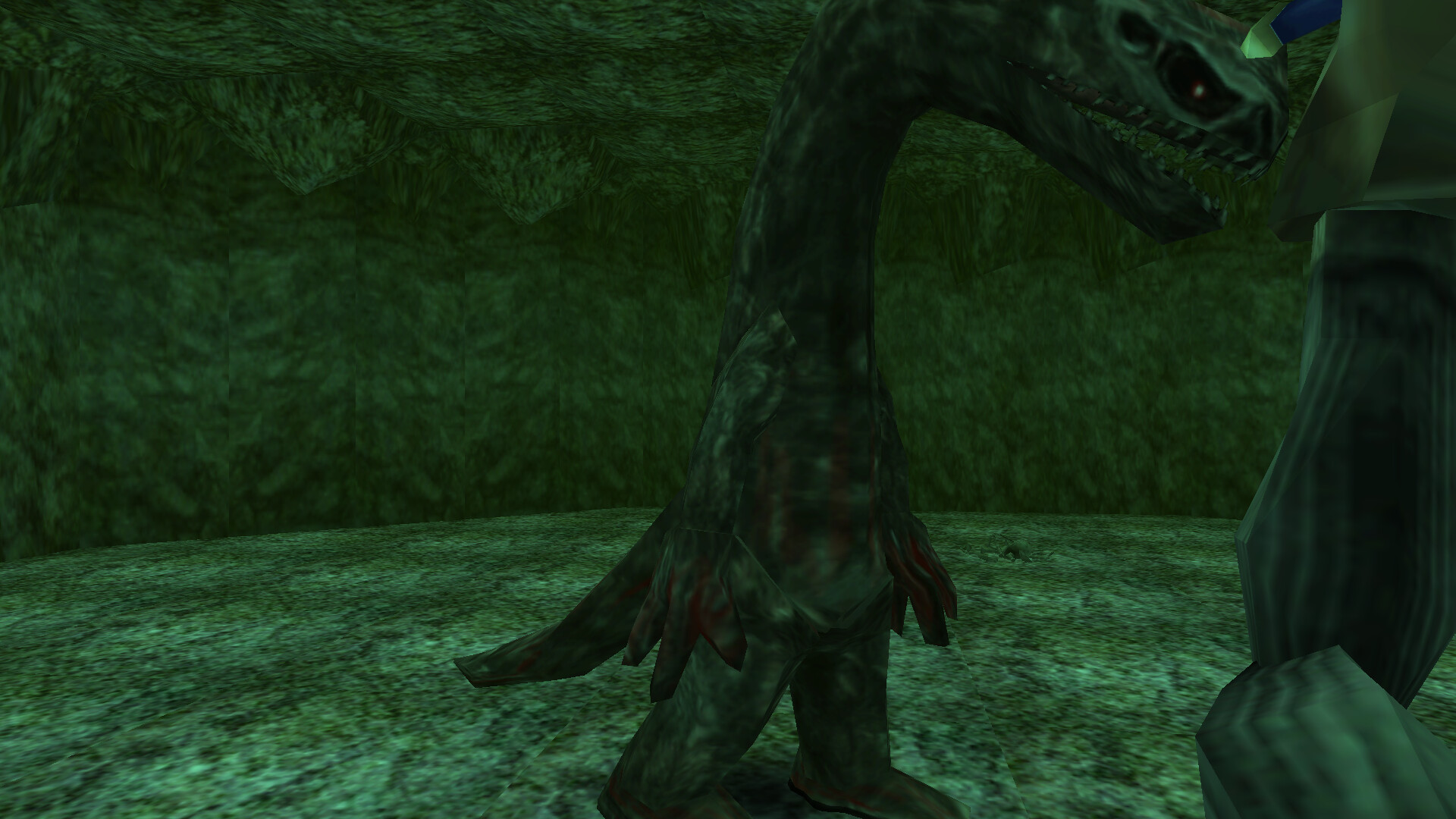 Some manner of slimy dinosaur in green tinged cavern in Lunacid: Tears of the Moon.