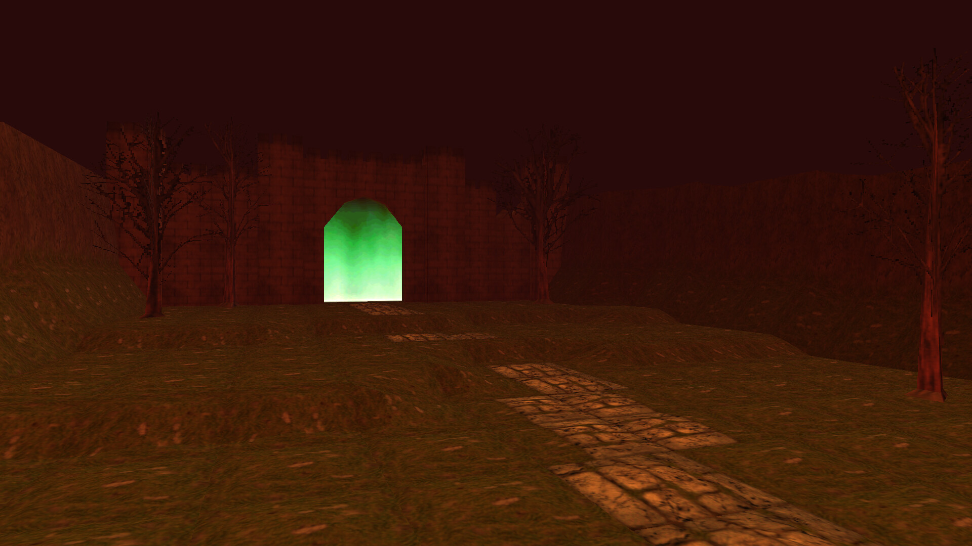 Gateway with green flames in red, cavernous area