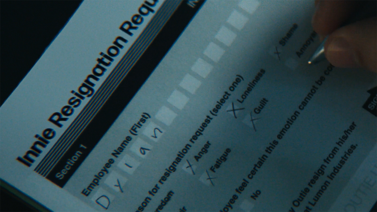 A screenshot of Dylan's Lumon resignation form in Severance season 2 episode 9