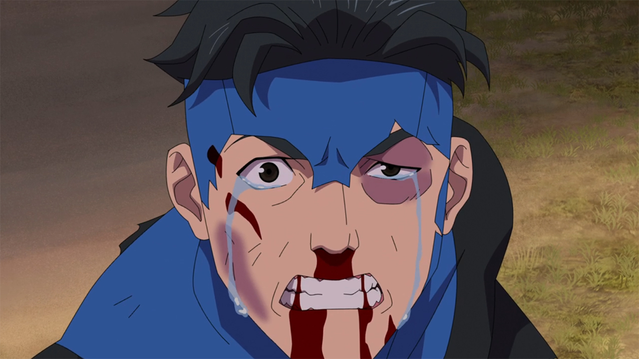 A bloodied and crying Mark Grayson in the Invincible season 3 finale