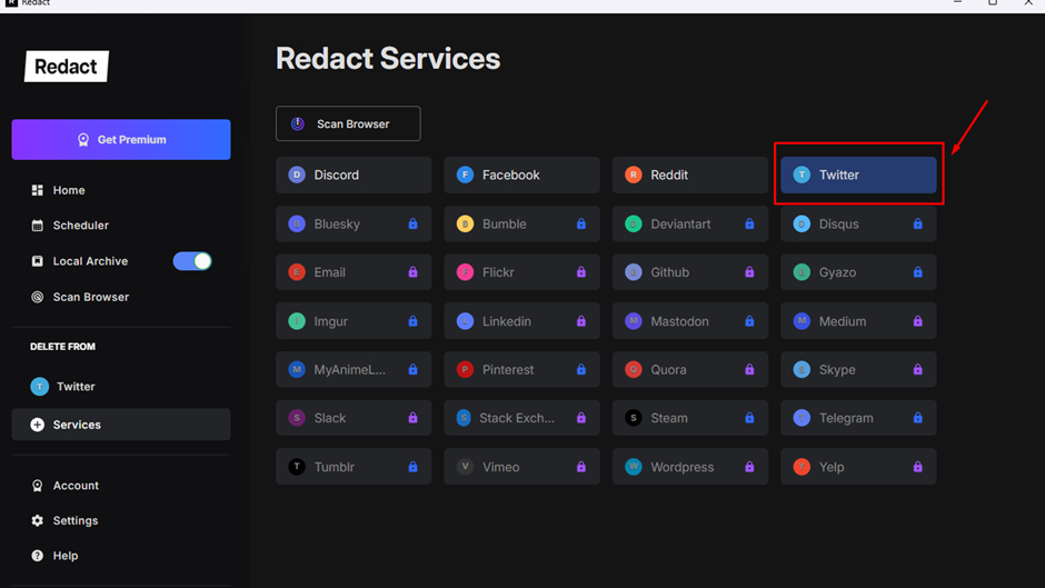 Screenshot showing how to delete your tweets using Redact