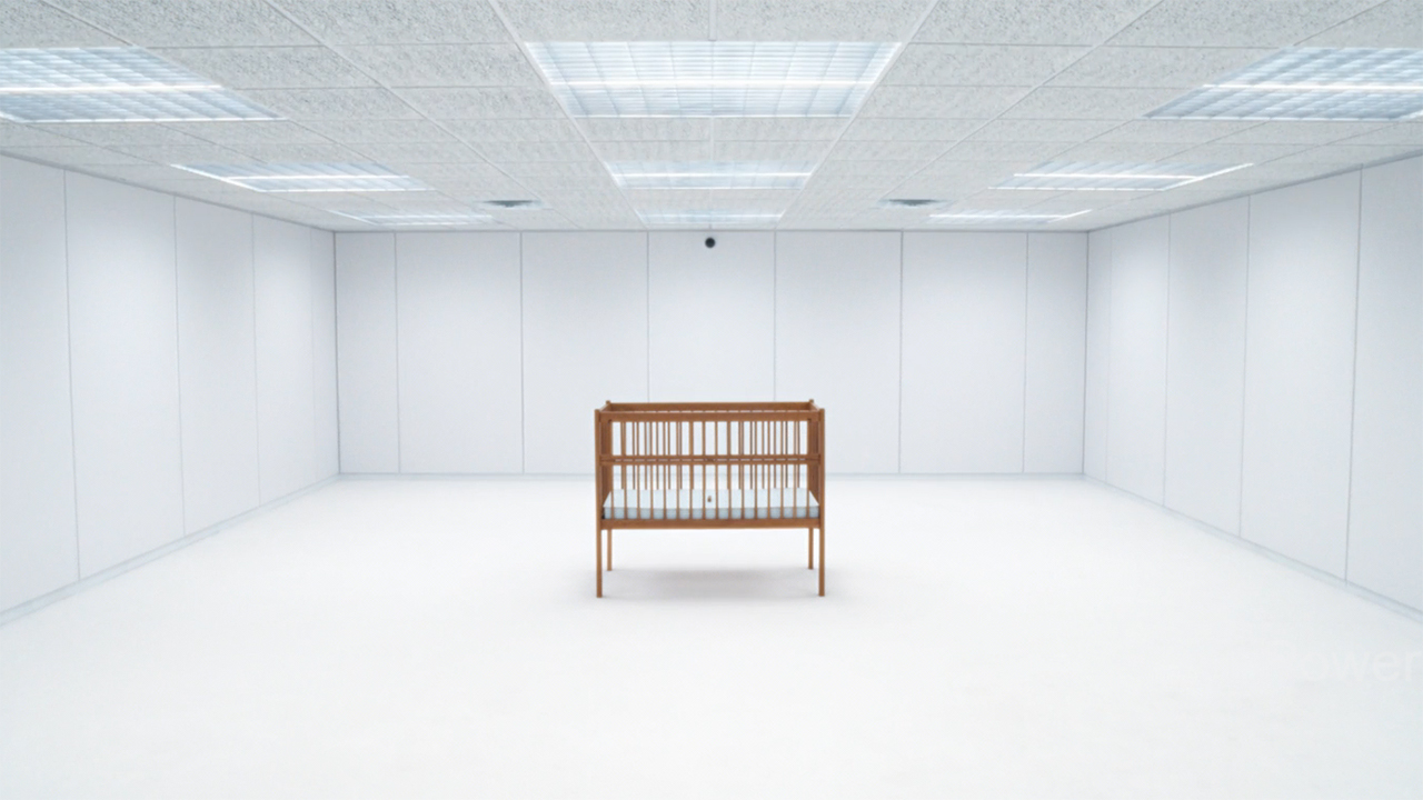 A wooden crib standing in the middle of a white room in Severance season 2 episode 10