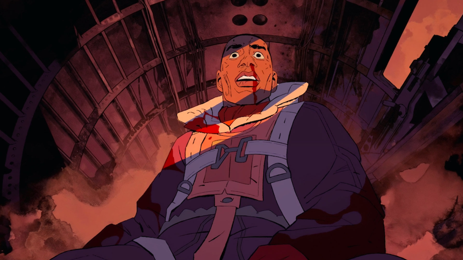 An animated man wearing a space suit looks terrified