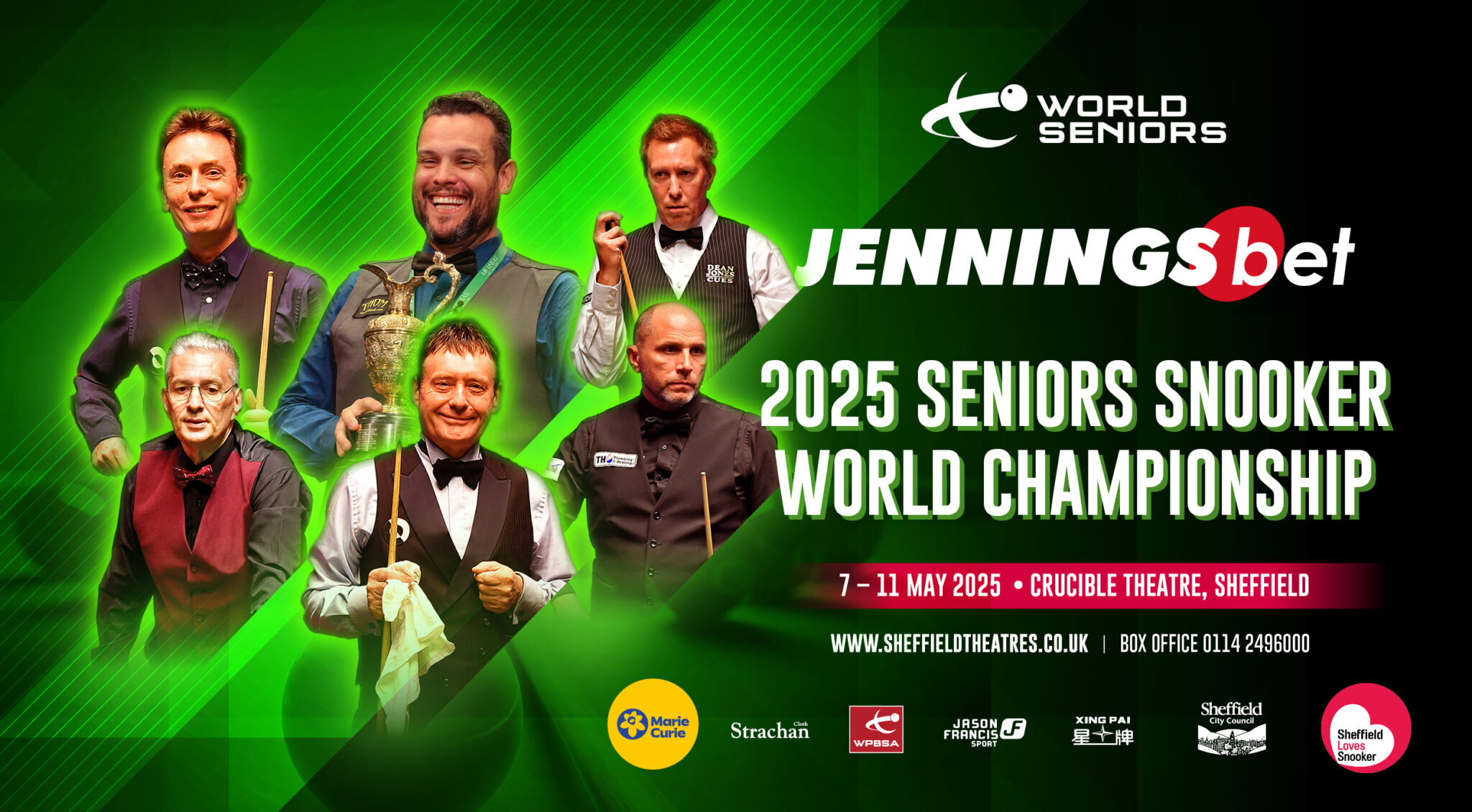 Seniors World Snooker Championship 2025 promotion image featuring Jimmy White in black waistcoat and bowtie
