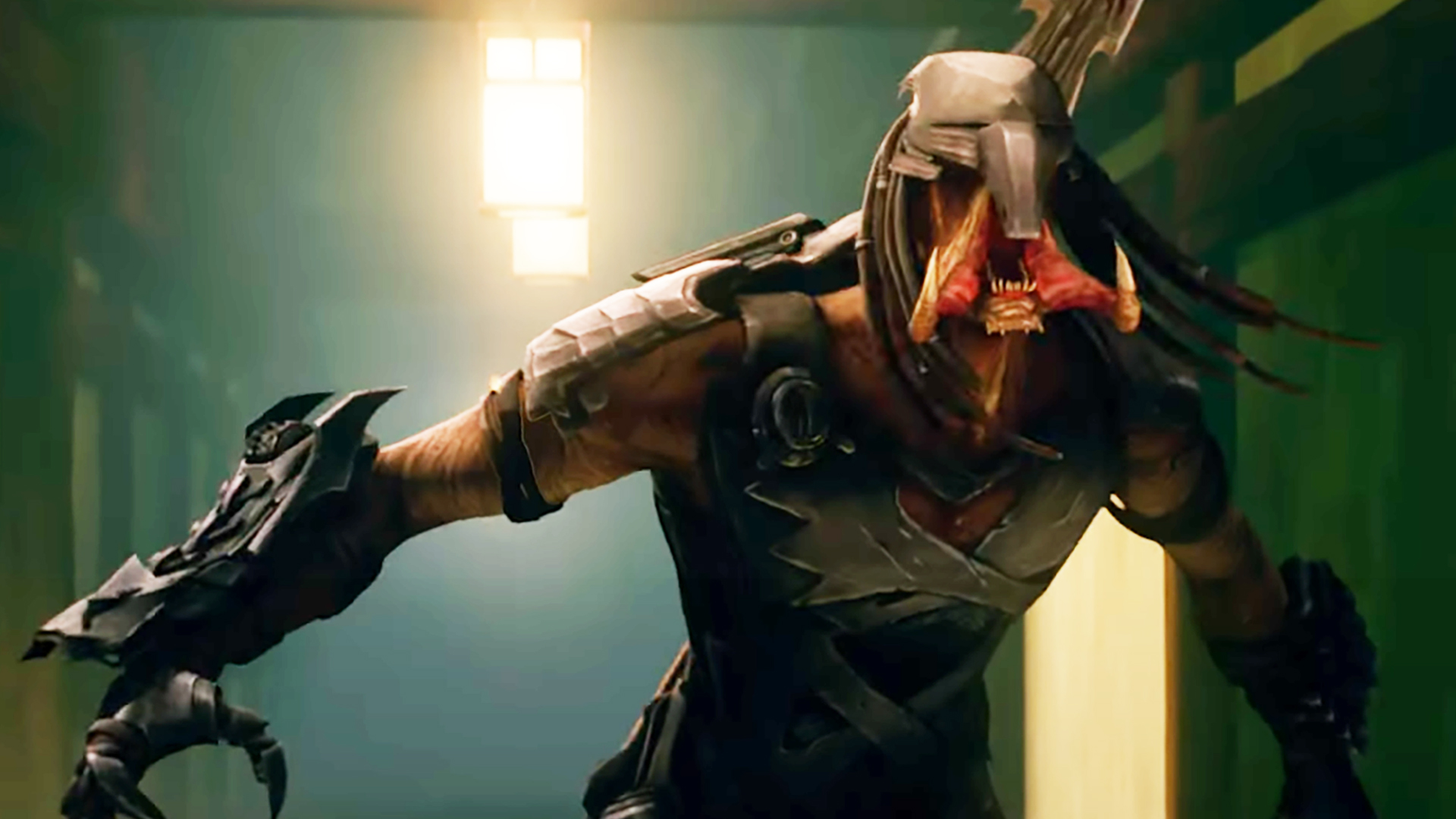 a battle-hungry alien warrior wearing a helmet