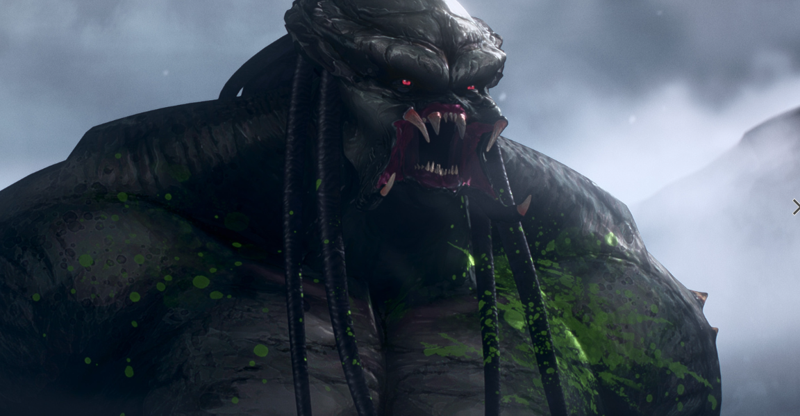 A brutish green alien beast with tusks and dreadlocks